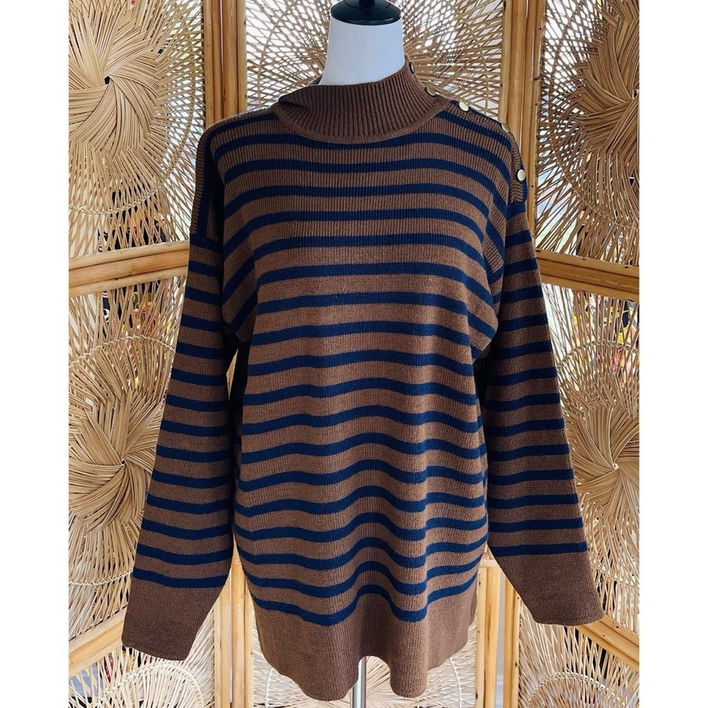 Vintage Diversity Brown & Navy Blue Striped Mock Neck Slouchy Sweater